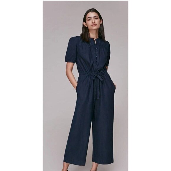 New Whistles Linen Jumpsuit Womens 14 Button Front Dark Denim Blue Jumper - Picture 1 of 10